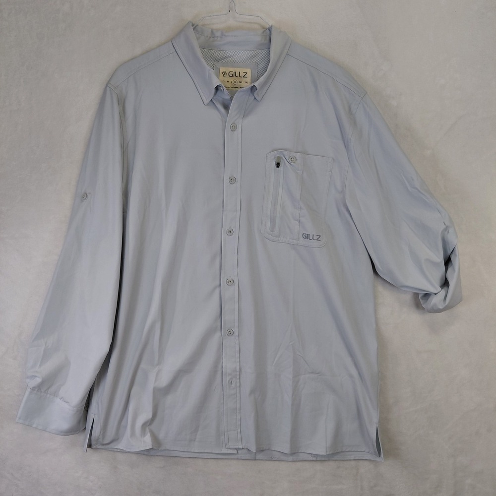 Gillz Mens XL Fishing Shirt Long Sleeve Button Down Ventilated Light Blue Grey